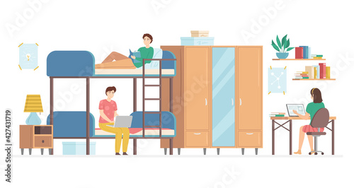 Cartoon Color Characters People and College Dormitory Interior Inside Concept. Vector
