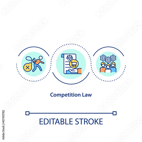 Competition law concept icon. Trading regulation by court and judge. Dealing with business law idea thin line illustration. Vector isolated outline RGB color drawing. Editable stroke