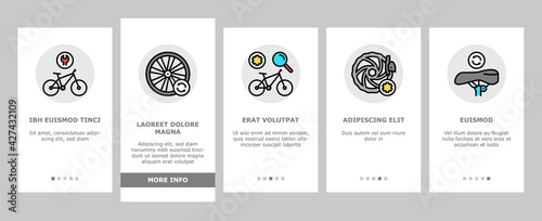Bike Repair Service Onboarding Mobile App Page Screen Vector. Complex Bike Repair And Setting, Research And Fix Broken Details, Cogset And Pedals Replacement Illustrations © vectorwin