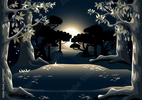 Vector background illustration of a magic forest at night with tall trees, fireflies, forest glade and moon. Fairy tale night landscape