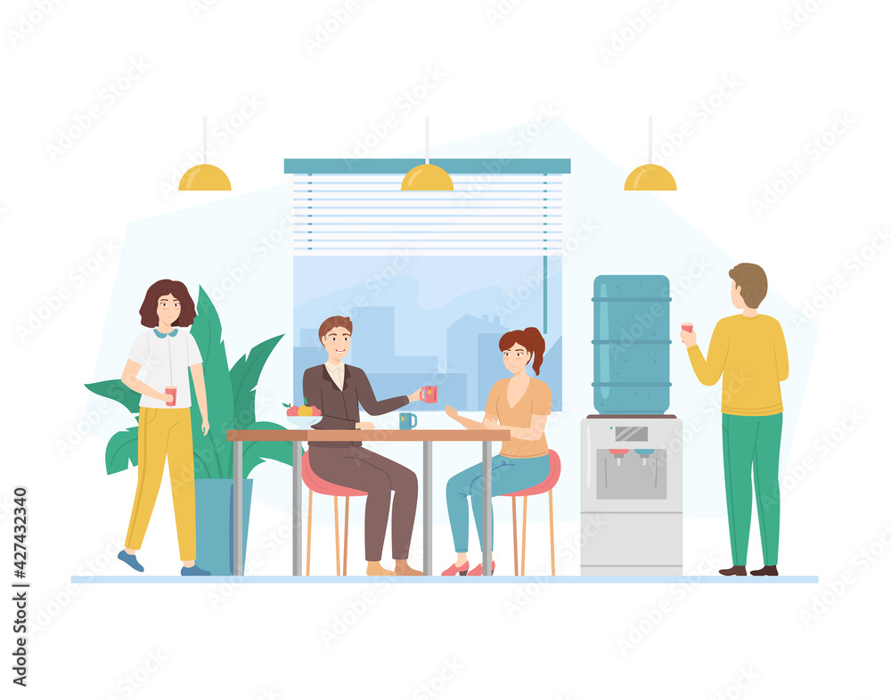Cartoon Color Characters People and Lunch Time in Office Concept. Vector