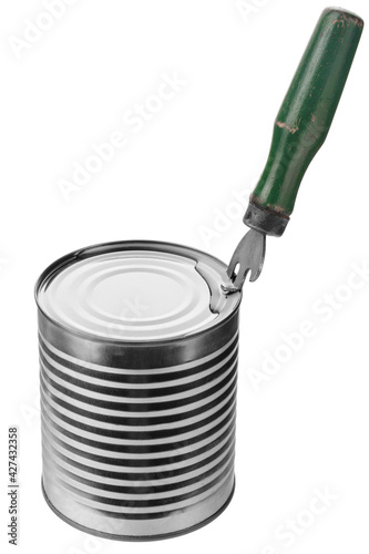 old can opener with wooden handle opens aluminum can lid on white background