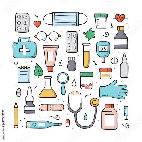 Hand drawn set of Medical doodle objects, elements and items. International nurse day. Isolated colored vector symbols on white background.