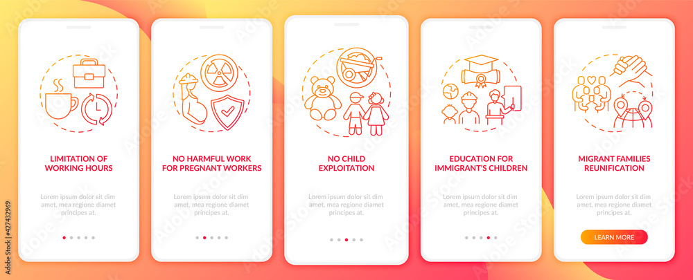 Migrant workers rights red onboarding mobile app page screen with concepts. Immigrants walkthrough 5 steps graphic instructions. UI, UX, GUI vector template with linear color illustrations