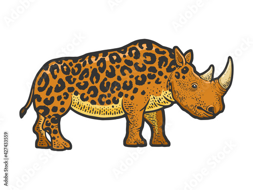 fictional animal rhinoceros leopard color sketch engraving vector illustration. T-shirt apparel print design. Scratch board imitation. Black and white hand drawn image.