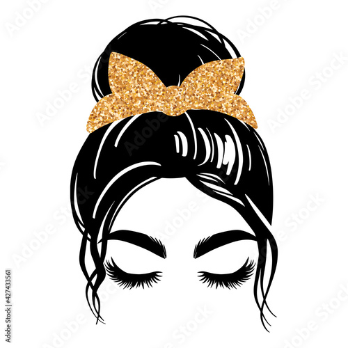 Messy bun with golden glitter bandana or headwrap. Vector woman silhouette. Beautiful girl drawing illustration. Female hairstyle.