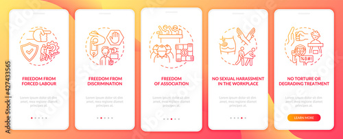 Migrant workers freedoms red onboarding mobile app page screen with concepts. Immigrant rights walkthrough 5 steps graphic instructions. UI, UX, GUI vector template with linear color illustrations