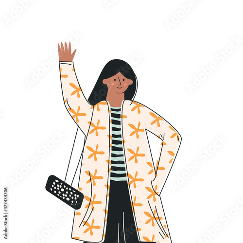 Young woman is waving hand Asian girl in casual clothes makes a greeting gesture and say hello. Female cartoon character isolated on white background. Flat vector illustration