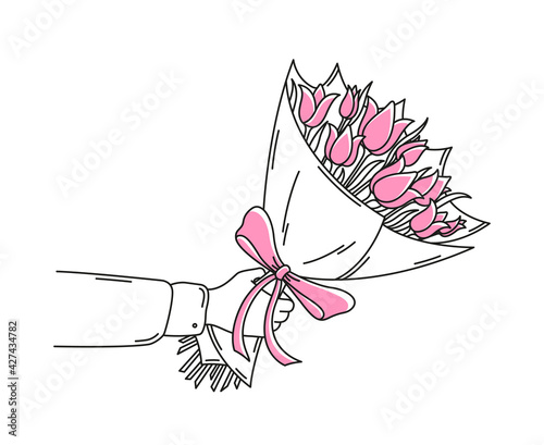 A Man Holds a Bouquet of Flowers in His Hand. Done in Simple Flat Doodle Style. The Tulip Bouquet is wrapped in Wrapping paper and tied with a Ribbon and Bow. Vector illustration