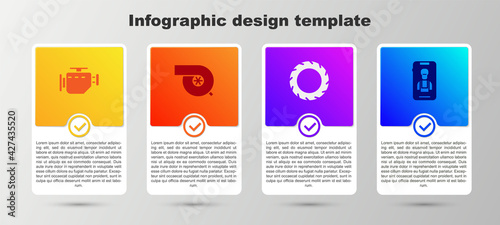 Set Check engine, Automotive turbocharger, Car tire wheel and Online car services. Business infographic template. Vector