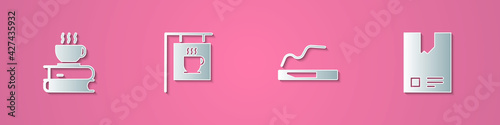 Set paper cut Coffee cup and book, Street signboard coffee, Cigarette and Bag beans icon. Paper art style. Vector