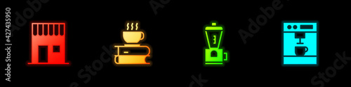 Set Coffee shop, cup and book, Electric coffee grinder and machine icon. Vector