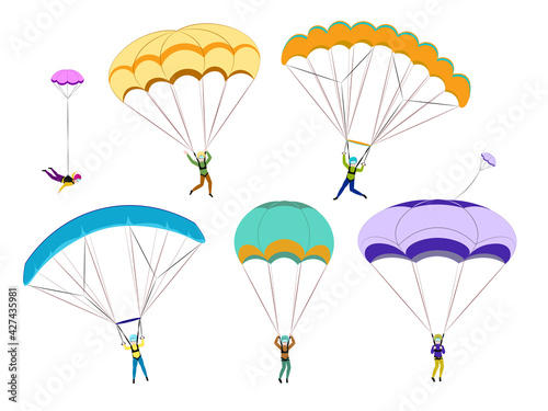 Set of parachutists involved in dangerous sports making jumps in the sky with a parachute. Paratroopers descending with parachutes set. Paraglide and parachute jumping characters