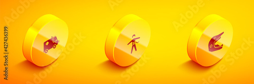 Set Isometric Ambulance and emergency car, Bungee jumping and Motocross motorcycle helmet icon. Vector