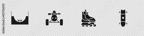 Set Skate park, ATV motorcycle, Roller skate and Longboard skateboard icon. Vector
