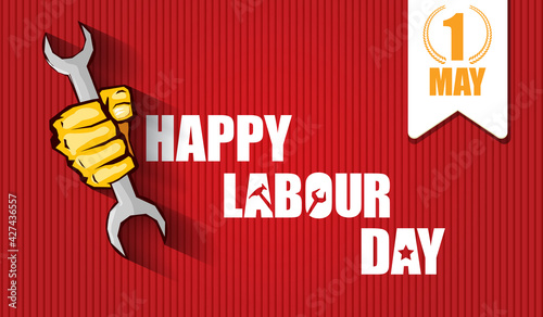 Happy labour day vector label with strong orange fist isolated on red horizontal background. vector happy labor day background or horizontal banner with man hand. red workers may day poster