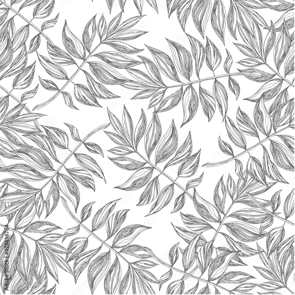 Fototapeta premium Palm leaves. Flowers. Seamless vector pattern of tropical flowers and leaves. Trendy vector image. Coloring. Antistress.