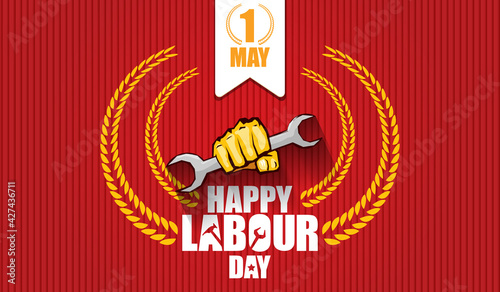Happy labour day vector label with strong orange fist isolated on red horizontal background. vector happy labor day background or horizontal banner with man hand. red workers may day poster