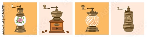 Various retro coffee grinder and pepper mills. Hand-drawn trendy vector illustration. Print, poster, banner for coffee house, cafe, coffee shop. Vintage cartoon style.
