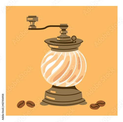 Old-fashioned coffee grinder. Vintage classic manual pepper mill with handle. Burr mill for coffee beans, seasoning, spices. Vector illustration, print, poster, postcard.