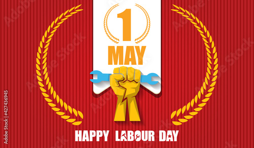 Happy labour day vector label with strong orange fist isolated on red horizontal background. vector happy labor day background or horizontal banner with man hand. red workers may day poster