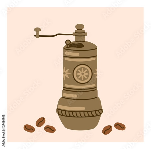 Turkish coffee grinder. Vintage manual pepper mill. Classic old-fashioned burr mill for spices and seasonings and coffee beans. Hand-drawn retro flat illustration.
