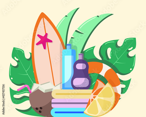 Summer set for a wonderful vacation. Sun protection, fruit, surf and jungle wildlife. A simple background of a flat vector illustration for a banner, postcard, or website.