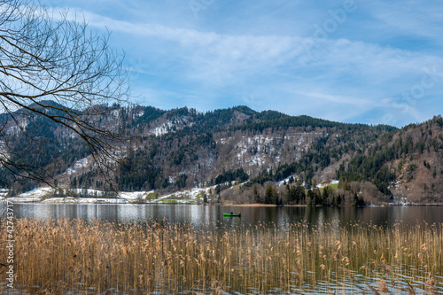 Scenic landscape of the Schliersee lake and mountains  Bavaria  Germany