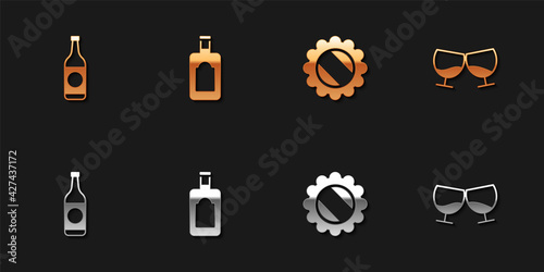 Set Beer bottle, Whiskey, Bottle cap and Glass of cognac or brandy icon. Vector