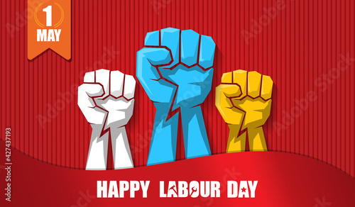 Happy labour day vector label with strong orange fist isolated on red horizontal background. vector happy labor day background or horizontal banner with man hand. red workers may day poster