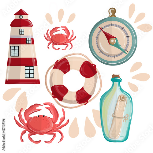 Nautical doodle set with lifebuoy, compass, crab, glass bottle with note and lighthouse. Vector illustration EPS10