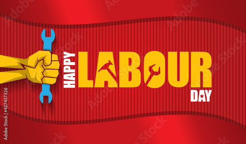 Happy labour day vector label with strong orange fist isolated on red horizontal background. vector happy labor day background or horizontal banner with man hand. red workers may day poster