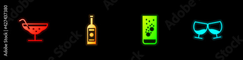 Set Cocktail, Glass bottle of vodka, Effervescent tablets in water and cognac or brandy icon. Vector