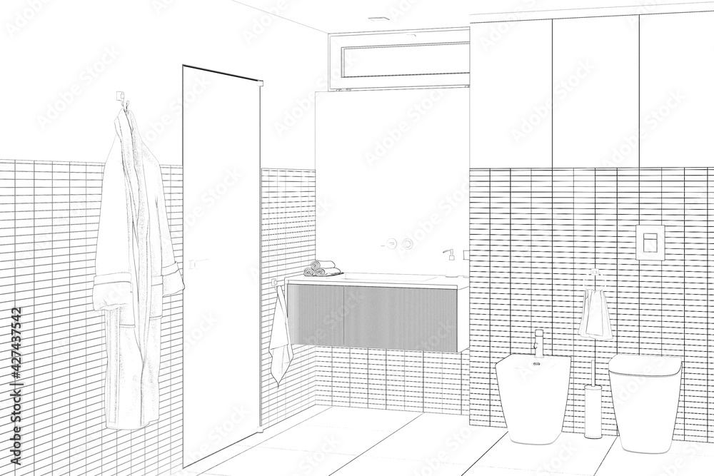 Sketch of the modern bathroom with a window and a mirror above the sink, a towel between the bidet and the toilet, a bathrobe by the door, tiles on the walls, and the floor. 3d render