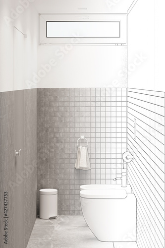 The sketch becomes a real modern narrow bathroom with gray mosaic on the walls  a window  a door opposite the toilet and bidet  a trash can  and a towel. Front view.