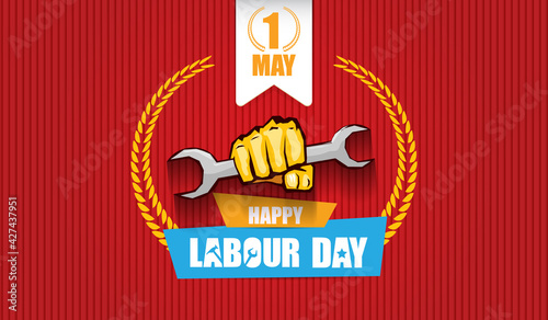 Happy labour day vector label with strong orange fist isolated on red horizontal background. vector happy labor day background or horizontal banner with man hand. red workers may day poster
