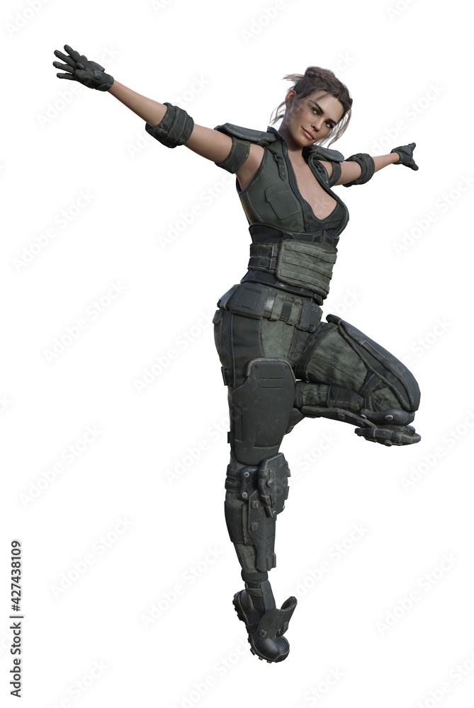 Illustration of a futuristic female walking with arms out in soaring pose with one knee up isolated on a white background. Illustration of a futuristic female walking with arms out in soaring pose with one knee up isolated on a white background.