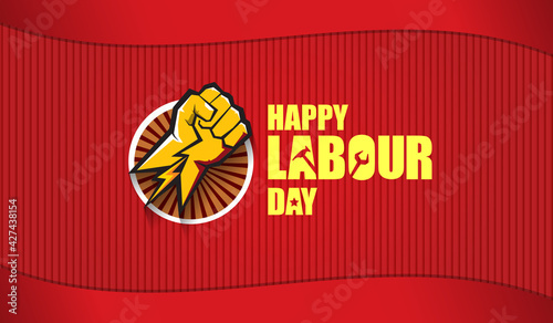 Happy labour day vector label with strong orange fist isolated on red horizontal background. vector happy labor day background or horizontal banner with man hand. red workers may day poster