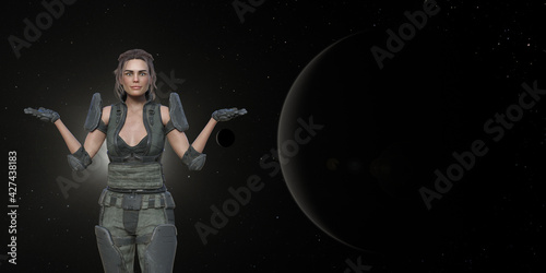 Illustration of a futuristic female soldier portraying a whatever gesture against a deep space background.