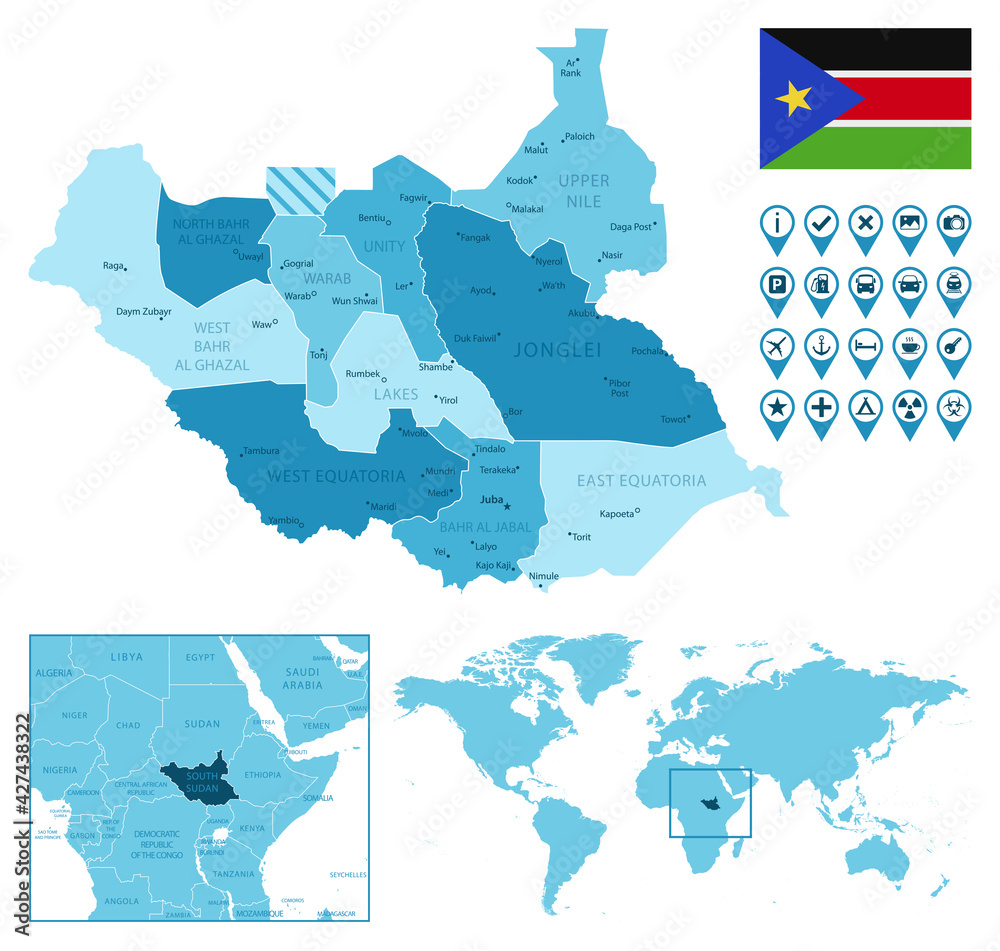 South Sudan detailed administrative blue map with country flag and ...