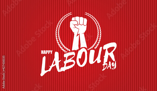 Happy labour day vector label with strong orange fist isolated on red horizontal background. vector happy labor day background or horizontal banner with man hand. red workers may day poster