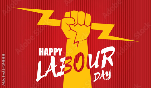 Happy labour day vector label with strong orange fist isolated on red horizontal background. vector happy labor day background or horizontal banner with man hand. red workers may day poster