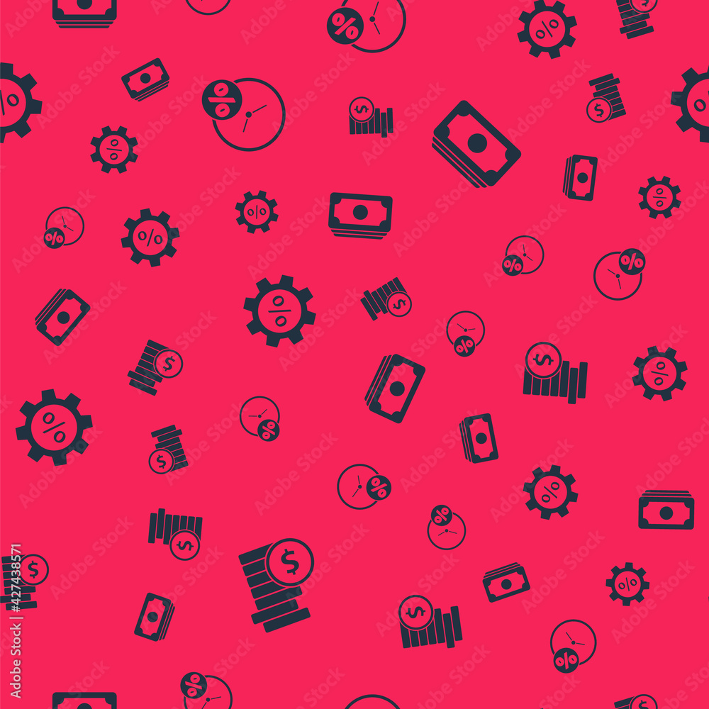 Set Coin money with dollar, Clock and percent, Gear and Stacks paper cash on seamless pattern. Vector Set Coin money with dollar, Clock and percent, Gear and Stacks paper cash on seamless pattern. Vector