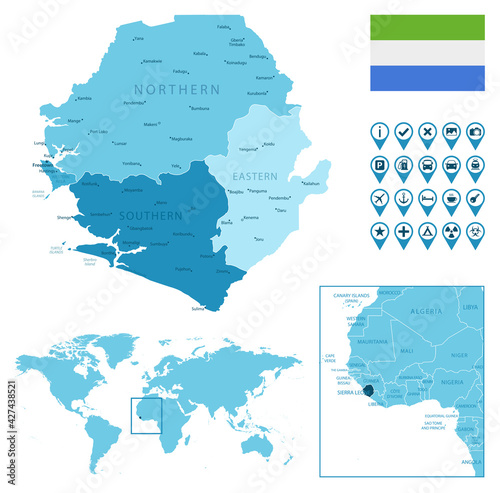 Sierra Leone detailed administrative blue map with country flag and location on the world map.