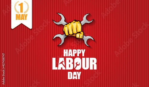 Happy labour day vector label with strong orange fist isolated on red horizontal background. vector happy labor day background or horizontal banner with man hand. red workers may day poster