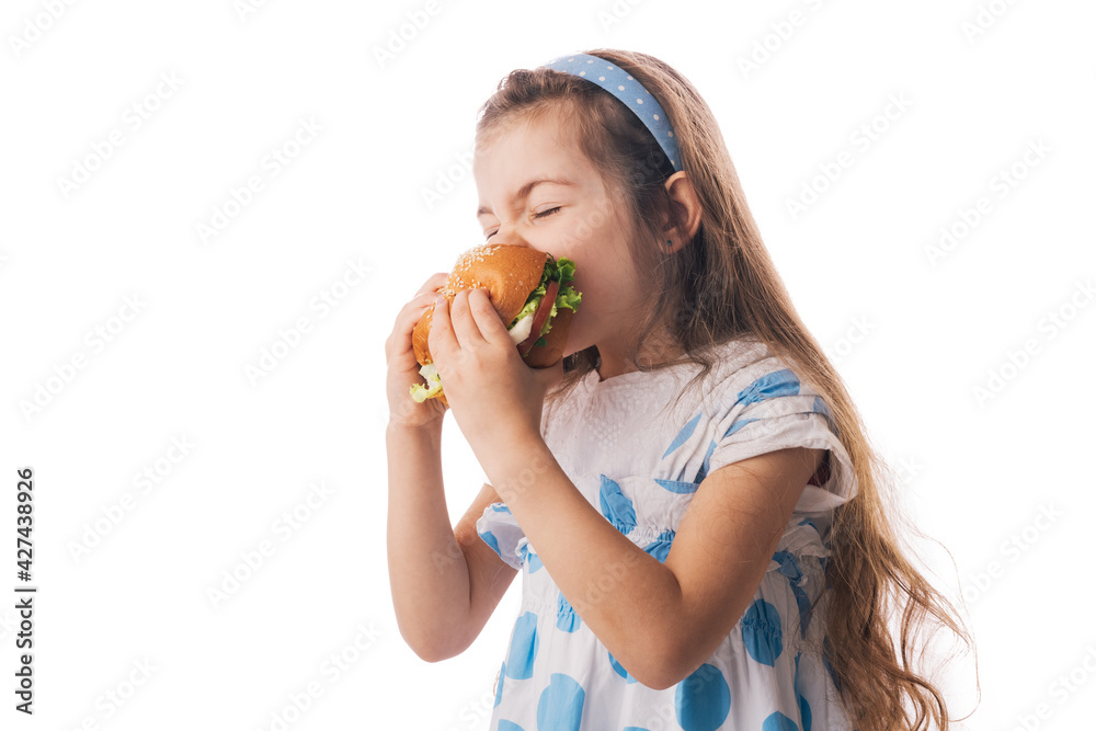 Little girl eating big burger. Kid looking at healthy big sandwich, studio isolated on white background.