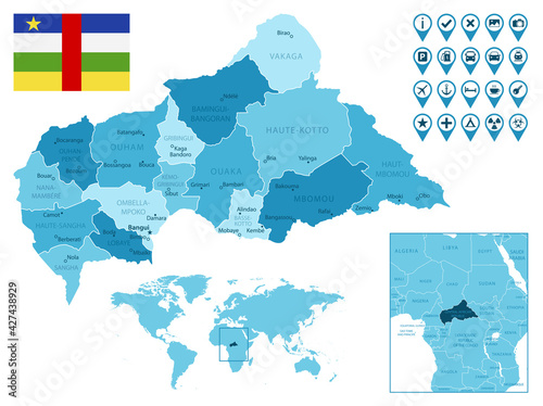 Central African Republic detailed administrative blue map with country flag and location on the world map.