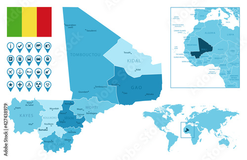 Mali detailed administrative blue map with country flag and location on the world map.