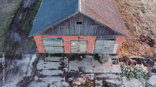 Aerial View of an Old Farmhouse Building, Tilt Up Reveal of Slate Roof
