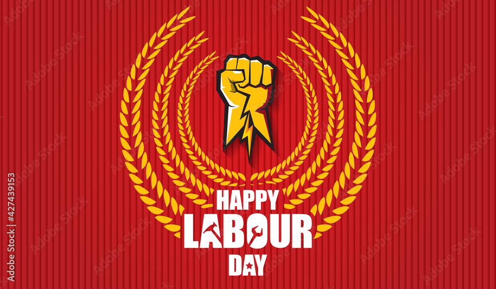 Happy labour day vector label with strong orange fist isolated on red horizontal background. vector happy labor day background or horizontal banner with man hand. red workers may day poster Happy labour day vector label with strong orange fist isolated on red horizontal background. vector happy labor day background or horizontal banner with man hand. red workers may day poster